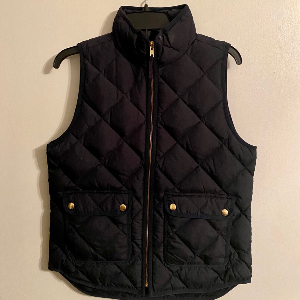 J. Crew navy quilted down vest gold accents Small